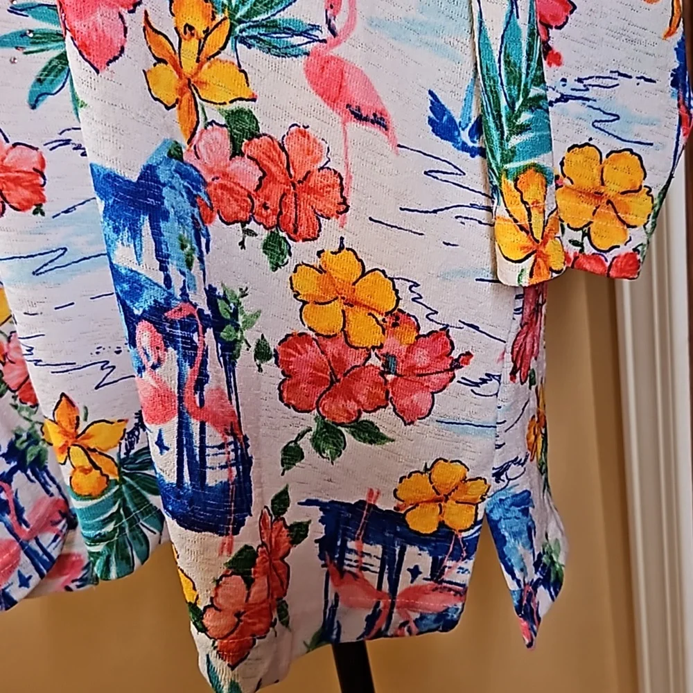 CATHY DANIELS TOP SHIRT 1X FLAMINGO FLORAL FLOWERS V-NECK PINK YELLOW BL… - Picture 5 of 9